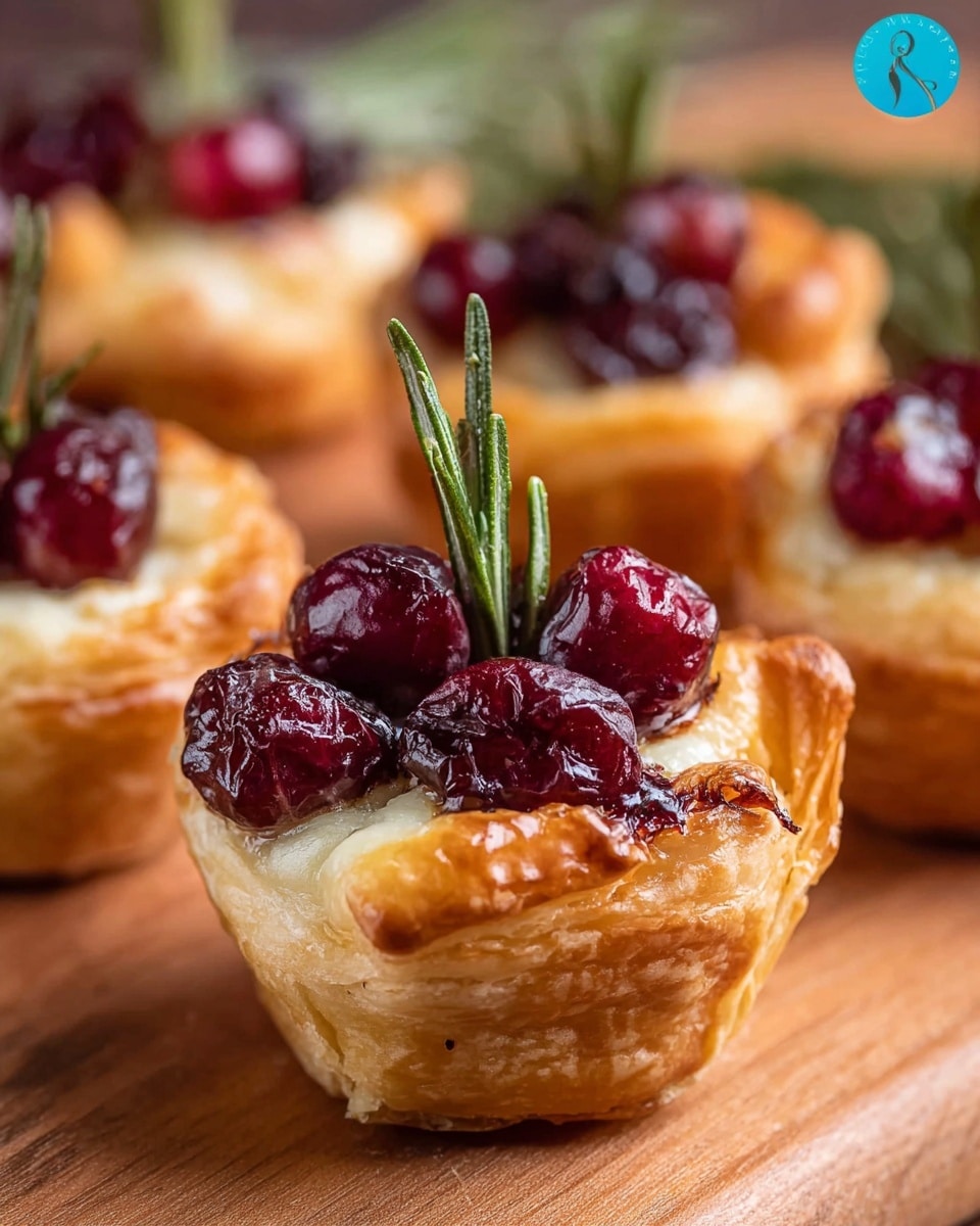 The image shows small golden-brown puff pastry cups filled with melted creamy white cheese topped with glossy deep red cranberries and small green rosemary sprigs stuck upright in the center. The puff pastry has a flaky texture with slightly raised rims holding the toppings, arranged closely on a light wooden surface with blurred green rosemary sprigs in the background. The focus is on the front puff pastry cup, highlighting the shine of the cranberries and the softness of the cheese. photo taken with an iphone --ar 4:5 --v 7