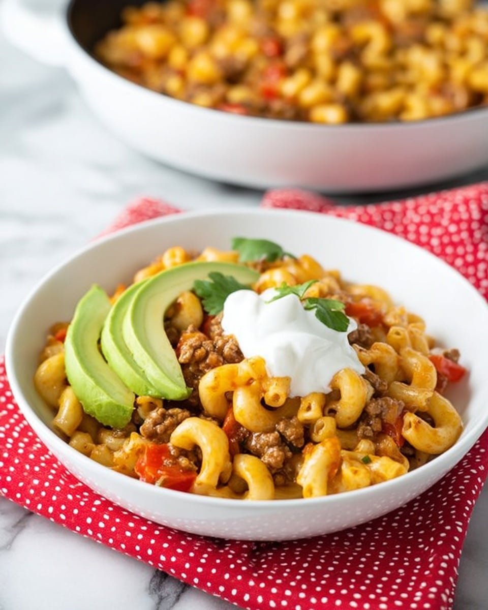 A white bowl filled with a creamy macaroni dish that has a mix of yellow macaroni noodles, browned ground meat, and small pieces of red bell pepper. On top, there is a dollop of white sour cream and two slices of bright green avocado slightly fanned out. The bowl is placed on a red and white polka dot cloth on a white marbled surface. In the background, there is a matching white pan filled with the same macaroni dish and topped with sour cream and avocado slices, creating a warm and inviting look. Photo taken with an iphone --ar 4:5 --v 7