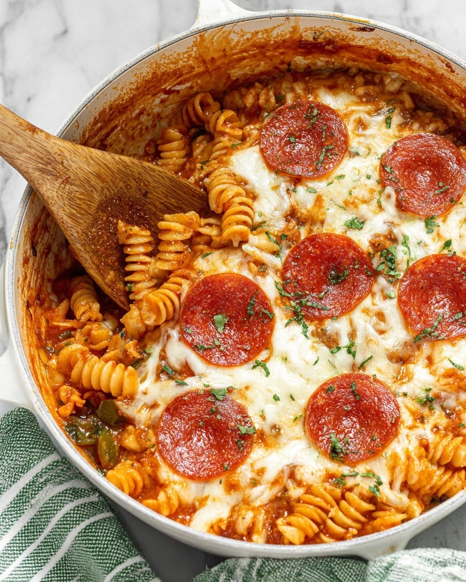 The image shows a cooked pasta dish in a white pan with a wooden spoon lifting some pasta on the left side. The dish has three main layers: at the bottom is a reddish-orange tomato sauce mixed with herbs and small pieces of vegetables, on top of this is a thick layer of melted creamy white cheese covering most of the pan, and on the top are five round slices of shiny red pepperoni scattered evenly over the cheese. The pasta is spiral-shaped and coated in the tomato sauce, with some bits sticking to the pan's sides. Fresh green herbs are sprinkled lightly over the pepperoni and cheese. The pan sits on a white marbled surface with a green and white striped cloth partially visible on the right. photo taken with an iphone --ar 4:5 --v 7