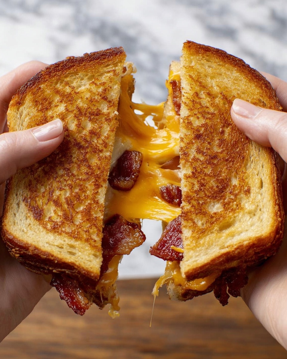 A grilled cheese sandwich is held by two woman's hands, pulled apart to reveal the inside. The sandwich has two golden-brown toasted bread slices showing a crisp, textured surface. Between the bread are three layers: bright orange melted cheese stretching as the sandwich is pulled, crispy cooked bacon with a reddish-brown color, and a glimpse of melted cheese underneath. The background is a white marbled texture. photo taken with an iphone --ar 4:5 --v 7