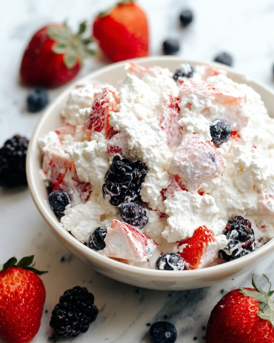 A close-up view of a white bowl filled with a creamy mixture that has three main layers: large pieces of bright red strawberries, small blackberries, and a thick white creamy layer coating all the fruit. The strawberries are cut into chunks with their red color showing through the creamy white mixture, while the blackberries add small spots of dark purple-black texture. A silver spoon is partially visible, scooping some of the mixture. The bowl sits on a white marbled surface with a small part of a strawberry visible near the edge. photo taken with an iphone --ar 4:5 --v 7