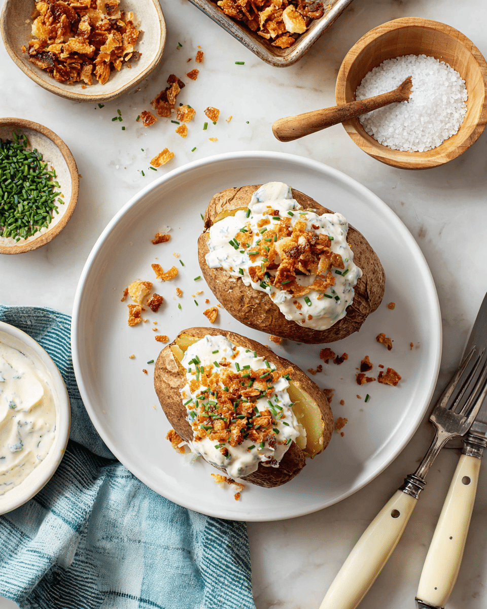 The image shows two baked potatoes on a white plate, each split open to reveal soft, fluffy white potato inside. On top of the potato filling, there is a thick layer of creamy white sauce, sprinkled with small green chives and crunchy, golden-brown bits of roasted topping. The plate sits on a white marbled surface, surrounded by a small bowl of extra creamy white sauce with a wooden spoon, a tray lined with parchment holding more roasted crunchy bits and a silver spoon, a wooden bowl filled with coarse sea salt, a vintage knife and fork with beige handles, and a blue cloth napkin with faint green stripes. Photo taken with an iphone --ar 4:5 --v 7