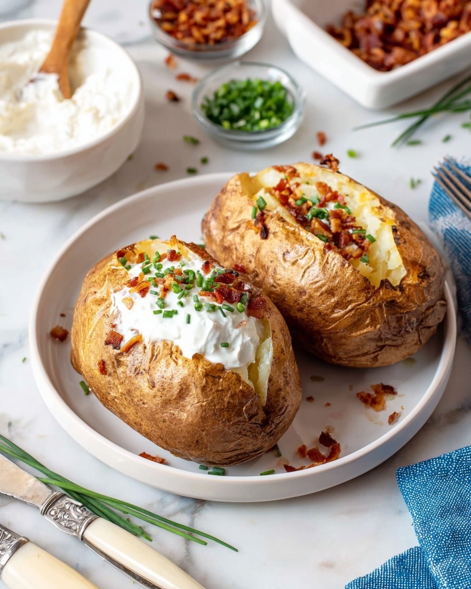 Two baked potatoes with golden-brown, crispy skins are placed on a white plate. Each potato is cut open in the middle, revealing fluffy white potato inside. A dollop of white sour cream sits on top of the soft potato, sprinkled with small green chive pieces and crispy brown bacon bits. The plate is on a white marbled surface, with some extra green chives scattered around. A blue cloth and silver knife and fork with cream handles sit nearby. In the background, a white bowl holds white sour cream with a wooden spoon inside and a white tray contains extra crispy bacon bits. photo taken with an iphone --ar 4:5 --v 7