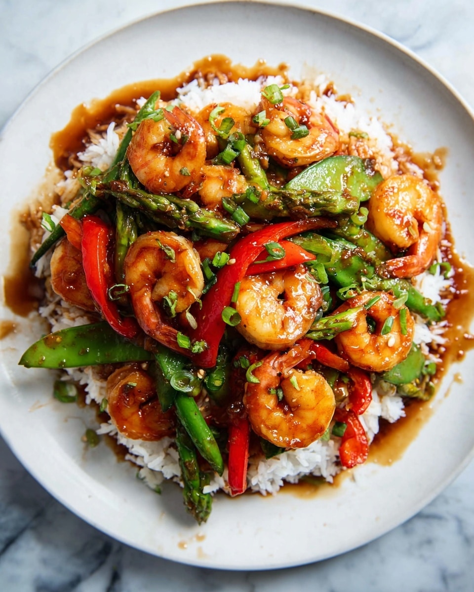 A white plate holds a serving of white rice as the base layer, topped with a colorful stir-fry mixture. The second layer includes shiny, cooked shrimp that are orange-pink with light sear marks. Mixed into the shrimp are red bell pepper strips, bright green asparagus pieces, and snow peas, all coated in a glossy brown sauce. Small green herb pieces are scattered over the stir-fry for garnish. The dish sits on a white marbled surface with some sauce drizzled onto the rice and plate edges. photo taken with an iphone --ar 4:5 --v 7