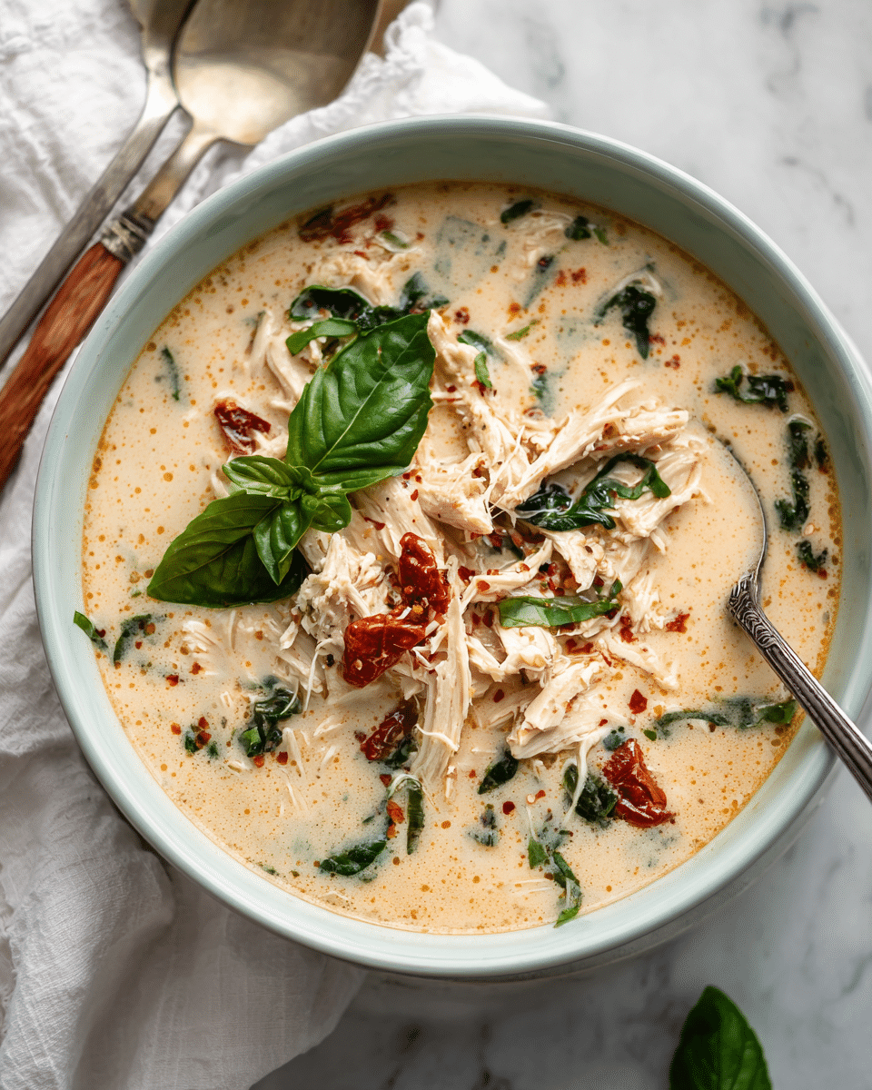 A close-up view of a bowl filled with creamy chicken soup, showing three main layers: the thick light beige creamy base with a smooth texture, scattered shredded chicken pieces in white, and small chunks of sun-dried tomatoes adding a reddish color throughout. Fresh green basil leaves sit on top, and some red chili flakes are sprinkled for extra color. A silver spoon with a wooden handle rests inside the bowl. The bowl is white with a light blue rim, sitting on a white marbled texture, with a white cloth napkin and wooden utensils nearby. Photo taken with an iphone --ar 4:5 --v 7