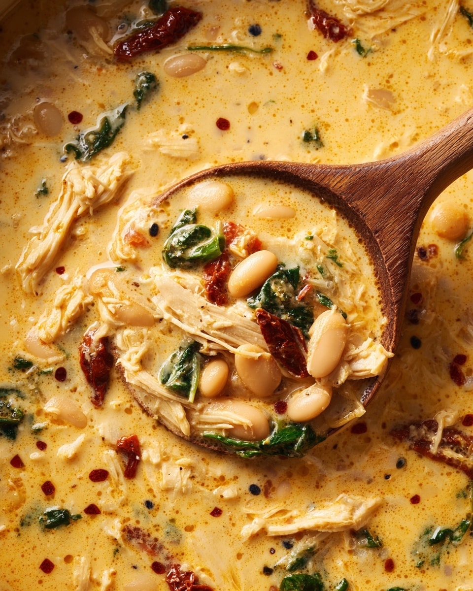 A creamy yellow soup filled with shredded white chicken pieces, small white beans, shiny dark green leaf bits, and small red sun-dried tomato pieces, all mixed together in a thick texture. A wooden spoon with a circular bowl is scooping some of the soup, showing the colorful mix and creamy consistency clearly. The soup background is smooth and creamy with floating chunks throughout. Photo taken with an iphone --ar 4:5 --v 7