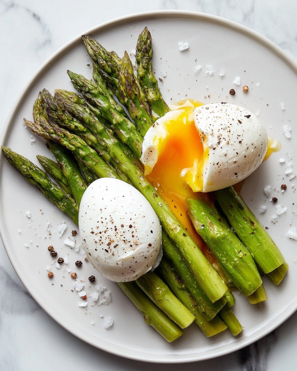 The image shows a white plate with a bundle of green asparagus spears laid out close together, each spear bright and fresh with some natural texture on the stalks. On top of the asparagus are two soft boiled eggs; one egg is whole with a smooth white surface dotted with black pepper, while the other egg is cut open, revealing a rich, golden, runny yolk that oozes slightly over the asparagus. Small salt flakes and pepper are sprinkled around the plate, adding texture and contrast. The plate is set on a white marbled surface, enhancing the fresh and clean look of the dish. Photo taken with an iphone --ar 4:5 --v 7