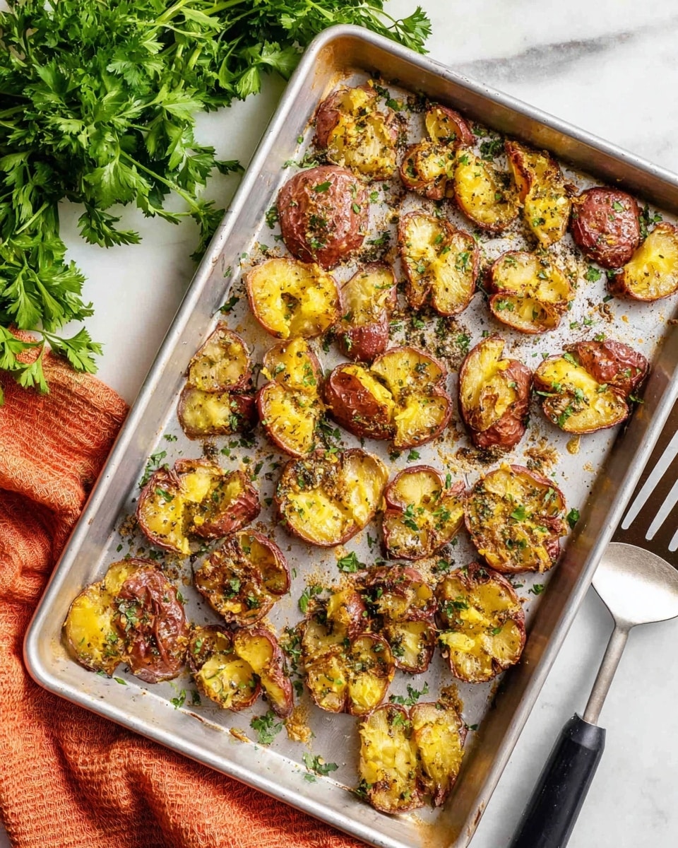 The image shows a metal baking tray filled with smashed roasted red potatoes. Each potato is split and crushed flat, revealing soft yellow interiors with crispy, browned edges on the red skins. The potatoes are scattered evenly across the tray and sprinkled with green dried herbs and black pepper. The tray sits on a white marbled surface with fresh green parsley at the top and a folded orange towel on the left side. A metal spatula with a black handle rests on the right side of the tray. photo taken with an iphone --ar 4:5 --v 7