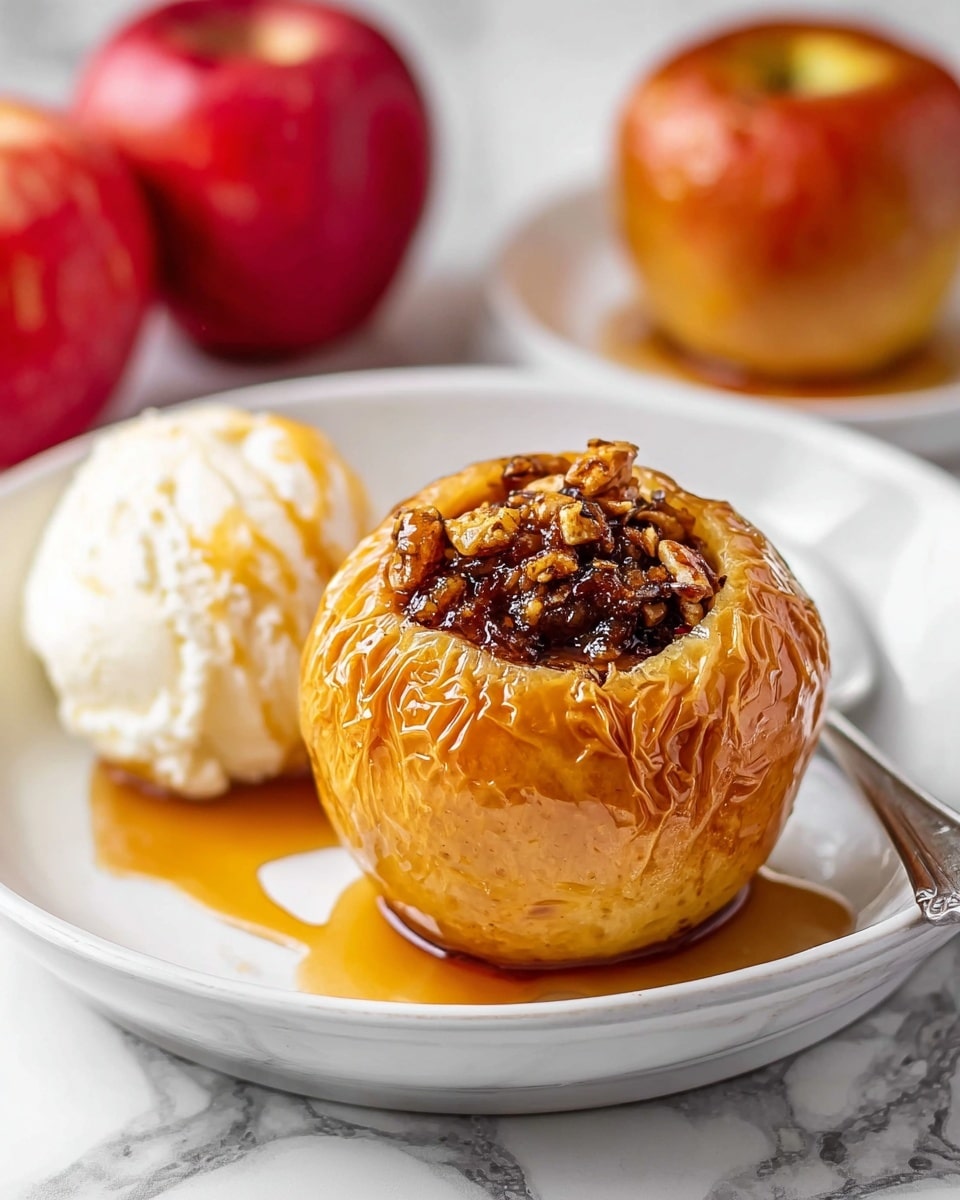 A roasted golden brown apple with a wrinkled texture sits on the right side of a white plate, its top hollowed out and filled with a dark brown, glossy, chunky mixture that appears to be nuts and spices. On the left side of the plate, there is a scoop of smooth, white vanilla ice cream drizzled with rich golden caramel sauce that slightly pools beneath it. The plate is placed on a white marbled surface, with a silver fork visible in the bottom right corner and fresh red apples blurred in the background. Photo taken with an iphone --ar 4:5 --v 7