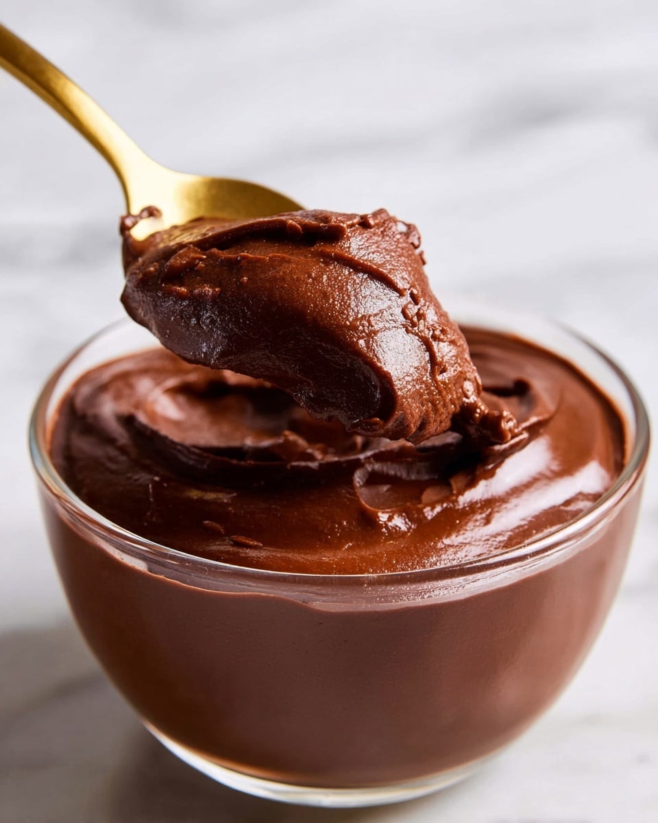 A close-up image of a clear glass bowl filled with thick, rich dark brown chocolate pudding. A golden spoon lifts a large scoop of the smooth, creamy pudding showing its dense texture. The pudding has a glossy finish, making it look fresh and moist. The background is a soft white with a marbled texture, adding a clean, simple feel to the image. photo taken with an iphone --ar 4:5 --v 7