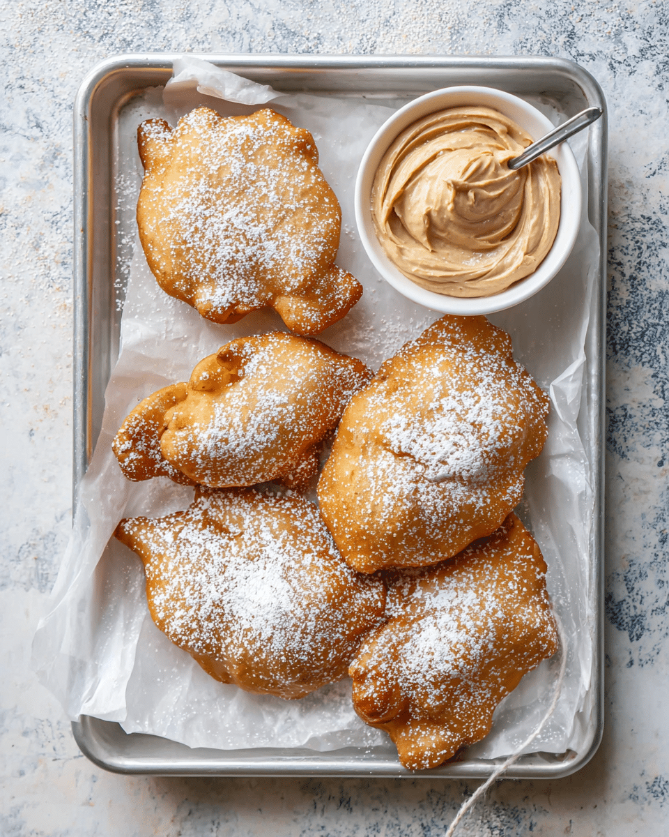 A metal tray lined with white parchment paper holds five golden-brown, irregularly shaped fried dough pieces, each dusted with a light layer of white powdered sugar that contrasts against the crispy texture. In the upper right corner of the tray, a small white bowl contains a creamy, light brown spread with swirled, soft peaks. The tray rests on a white marbled textured surface with a faint gray and blue pattern, adding subtle contrast to the warm colors of the food. photo taken with an iphone --ar 4:5 --v 7