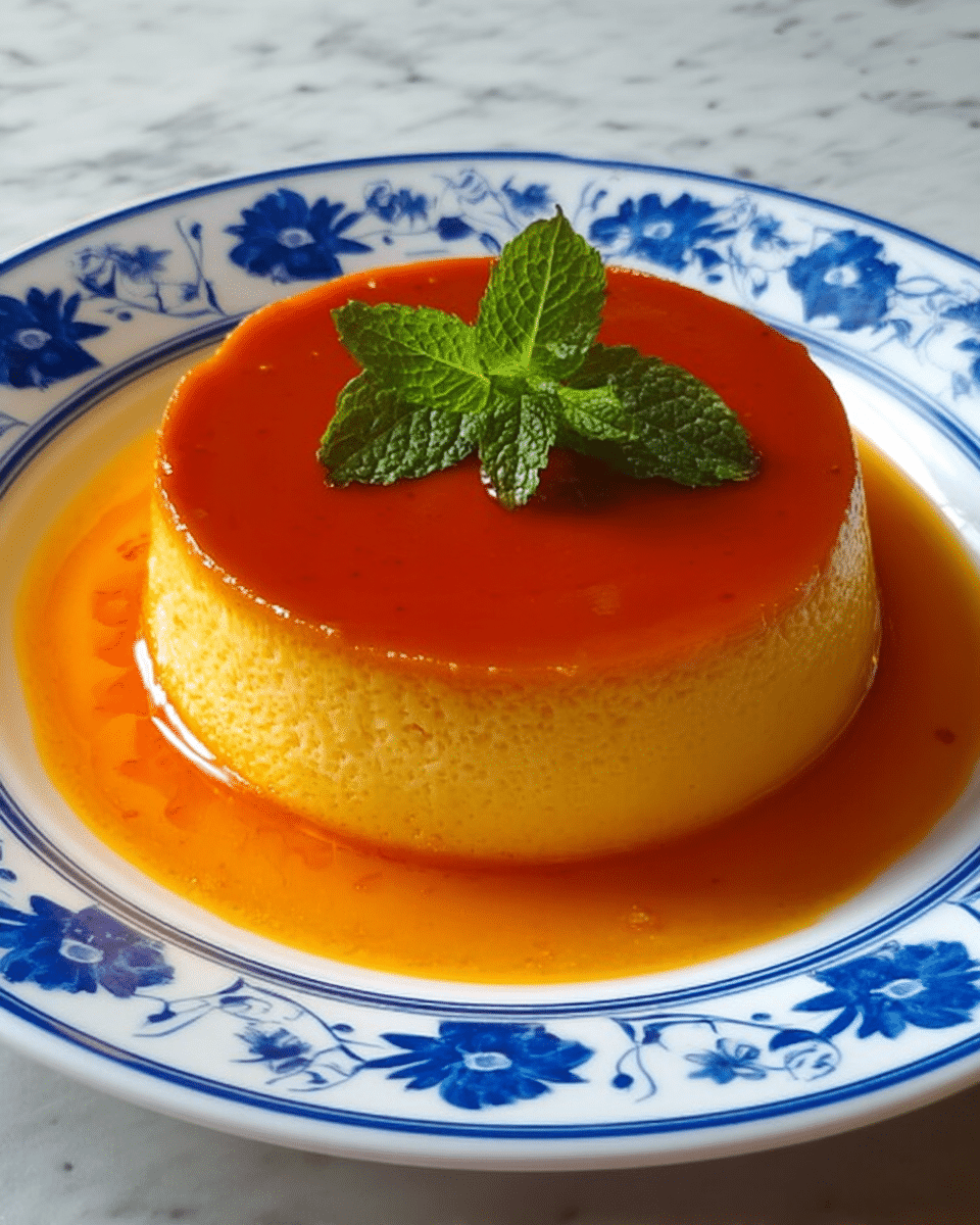 A single round flan dessert with two layers centered on a white plate with a blue flower border, placed on a white marbled textured surface. The bottom layer is a thick, smooth yellow cake-like base, while the top layer is a glossy, rich caramel layer in a deep amber color that slightly drips around the edges. On top, there is a small cluster of fresh green mint leaves in the center, adding a fresh touch to the warm tones of the dessert. The caramel sauce pools around the base, creating a shiny orange ring on the white plate. Photo taken with an iphone --ar 4:5 --v 7