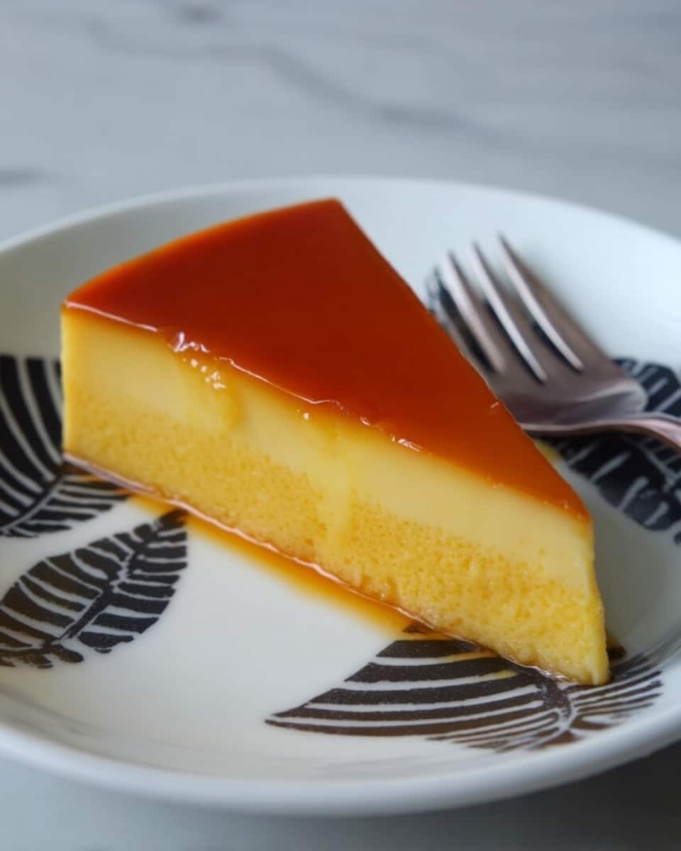 A single slice of flan is placed on a white plate with a black leaf pattern, sitting on a white marbled surface. The flan has two visible layers: a smooth, shiny caramel-colored top layer that looks slightly glossy and a thicker, creamy yellow base layer with a soft texture. A silver fork rests beside the flan slice on the right side of the plate. Photo taken with an iphone --ar 4:5 --v 7