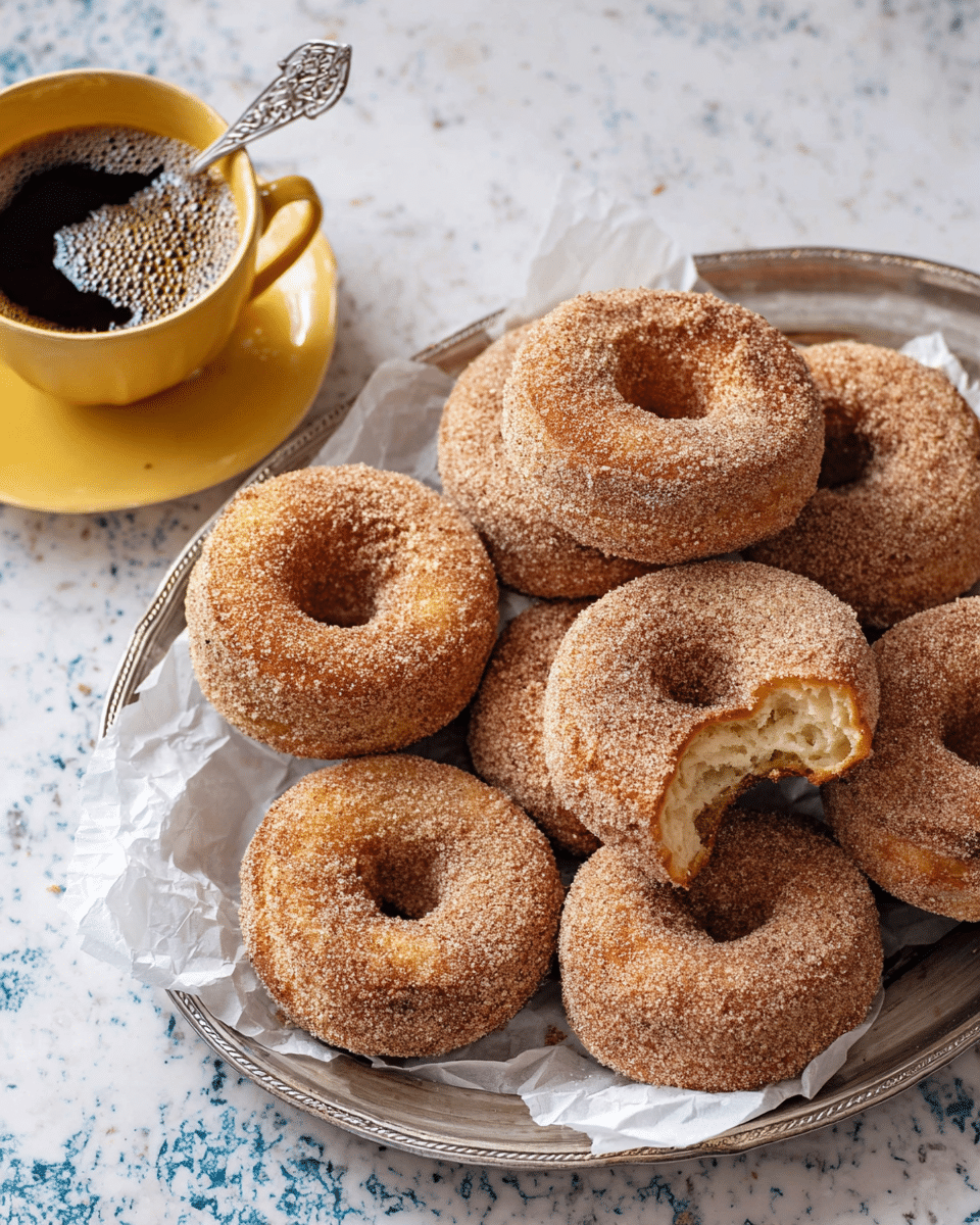 A shiny metal tray holds a stack of about ten cinnamon sugar donuts, each donut covered in a rough, grainy cinnamon sugar layer giving them a textured light brown color. One donut near the front has a bite taken out, showing a soft, pale cream inside with a fluffy texture. The tray is lined with crumpled white paper and placed on a white marbled textured surface with subtle blue patterns visible underneath. To the top left of the tray is a yellow cup filled with dark coffee that has foam bubbles on the surface, with a small ornate spoon inside the cup. Photo taken with an iphone --ar 4:5 --v 7