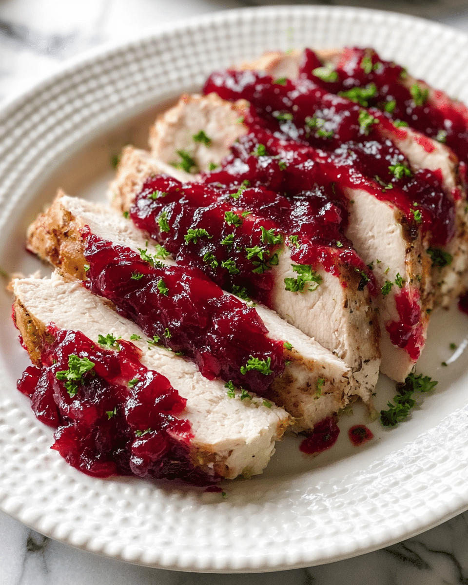 The image shows a sliced turkey breast arranged on a white plate with a textured rim. The turkey is cut into six even slices, revealing its light beige, moist interior with a slightly browned outer edge. Each slice is topped with a thick layer of glossy, deep red cranberry sauce that has a chunky texture. Small green parsley pieces are sprinkled on top of the cranberry sauce and the plate, adding a fresh contrast to the rich colors of the turkey and sauce. The background is a white marbled texture. photo taken with an iphone --ar 4:5 --v 7