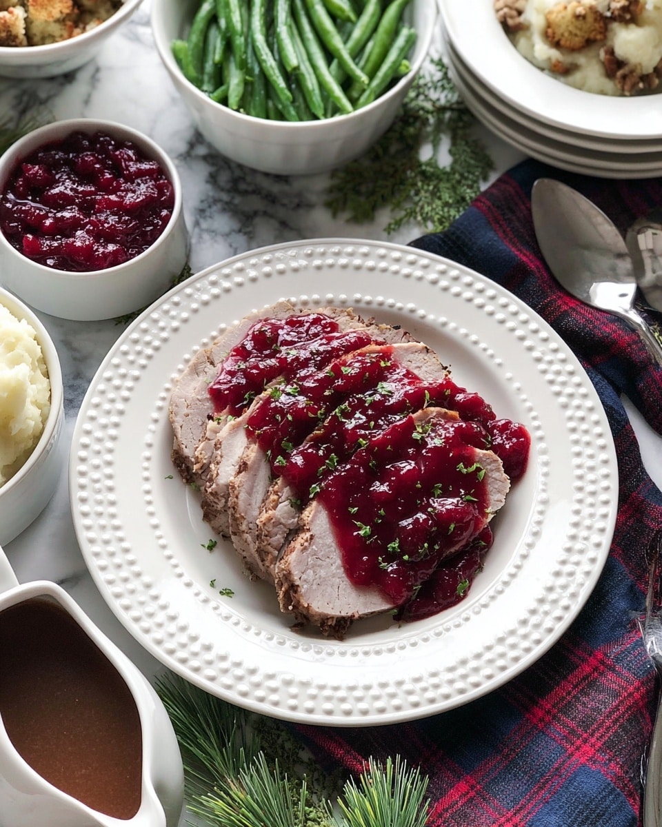 A white plate with a dotted rim holds a sliced piece of cooked meat covered with a thick, shiny red cranberry sauce, sprinkled with small green herb bits. Around the plate, on a white marbled surface, there is a white bowl with cooked green beans, a white bowl with mashed potatoes, and a white bowl partially visible with stuffing. A small white bowl holds more red sauce, and a black gravy boat with brown gravy sits near a stack of white plates. All items rest on a plaid cloth with dark blue, red, and green colors along with some green pine leaves scattered around. photo taken with an iphone --ar 4:5 --v 7
