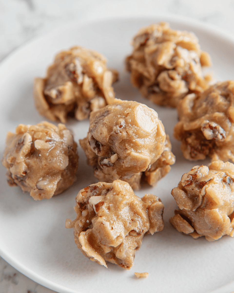 The image shows several small clusters of a light brown, creamy mixture with visible darker brown pieces, likely nuts, on a white plate. Each cluster has an irregular shape with a slightly glossy surface and a soft, thick texture. The clusters are spaced apart on the plate, allowing each one’s uneven edges and chunky bits to be seen clearly. The background is a white marbled texture. photo taken with an iphone --ar 4:5 --v 7