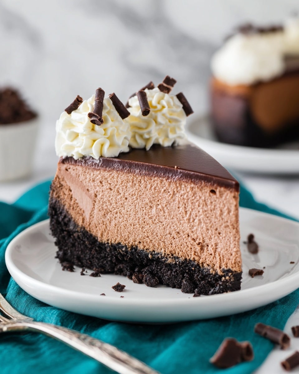 A slice of chocolate cheesecake with three visible layers sits on a white plate: the bottom dark crust is crumbly and black, the middle filling is thick, light brown, and creamy with a slightly spongy texture, and the top layer is a smooth, darker brown ganache. On top of the slice, there are several swirls of white whipped cream decorated with small dark chocolate curls. The plate rests on a teal cloth on a white marbled surface, with chocolate curls scattered around and a silver fork partially visible nearby. Another slice of the same cake is blurred in the background. Photo taken with an iphone --ar 4:5 --v 7