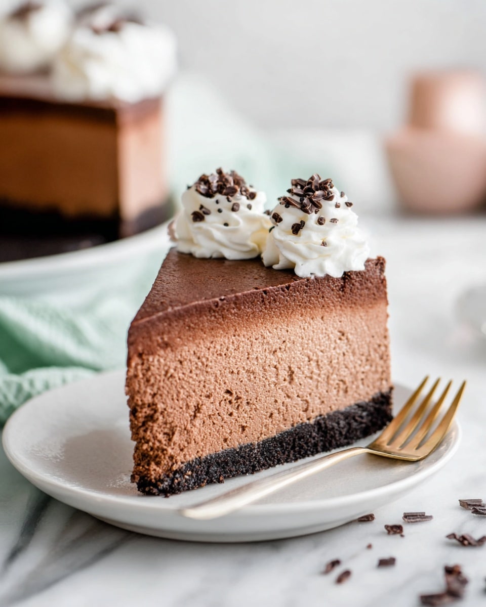 A slice of chocolate mousse cake is shown on a white plate resting on a white marbled surface. The dessert has three distinct layers: a bottom thin layer of dark, crumbly chocolate crust; a thick middle layer of light brown, fluffy chocolate mousse with a smooth texture; and a thin top layer of firmer chocolate mousse, slightly darker in color. On top, there are three small dollops of white whipped cream, each decorated with tiny dark chocolate shavings. The slice is accompanied by a light-colored fork positioned to the right on the plate, and more chocolate shavings are scattered around the plate. In the background, another piece of the same cake is slightly out of focus, set against a soft white backdrop. Photo taken with an iphone --ar 4:5 --v 7