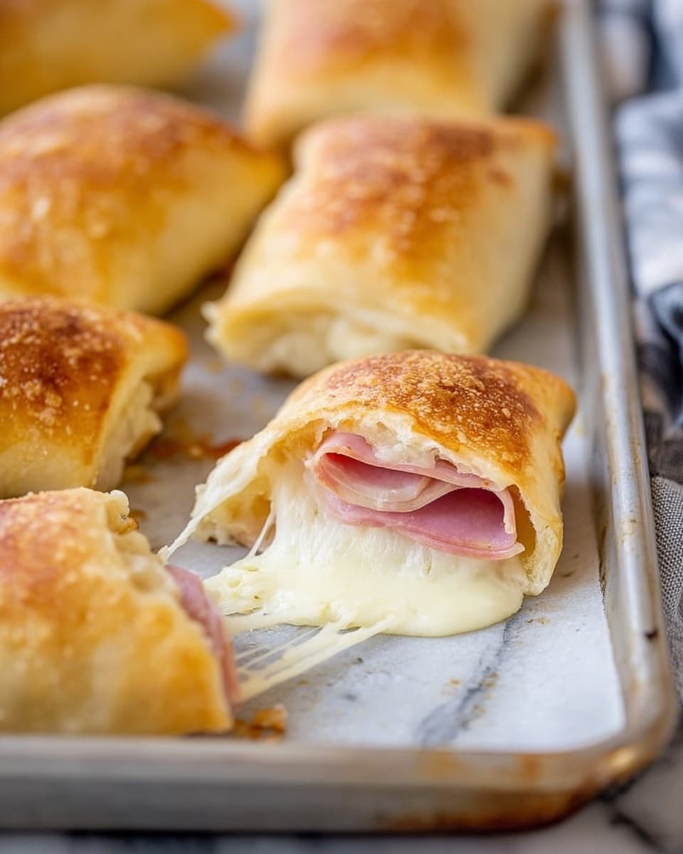 Six golden-brown, baked rolled pastries are arranged on a worn metal baking tray with light crumbs scattered on top. Each roll is crisp on the outside, with some slightly cracked to reveal melted white cheese inside, and one showing pink ham layered beneath the cheese. The rolls vary slightly in shape and size, and there is a striped black and white cloth partially visible in the background on the upper right. photo taken with an iphone --ar 4:5 --v 7