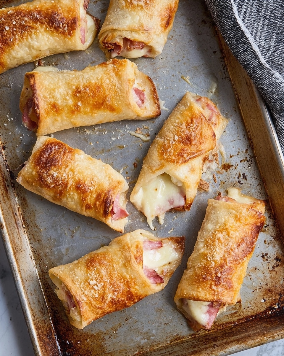 The image shows several golden-brown baked rolls on a metal tray with a white marbled texture underneath. One roll is cut open, revealing three layers inside: a soft pink layer of ham, a thick white melted cheese layer beneath it, and the outer thin, crispy, light brown baked dough, slightly cracked on top. The cheese stretches out slightly from the cut roll, highlighting its gooey texture, while the other rolls are closed, showing their smooth, shiny, golden outer crust. Photo taken with an iphone --ar 4:5 --v 7