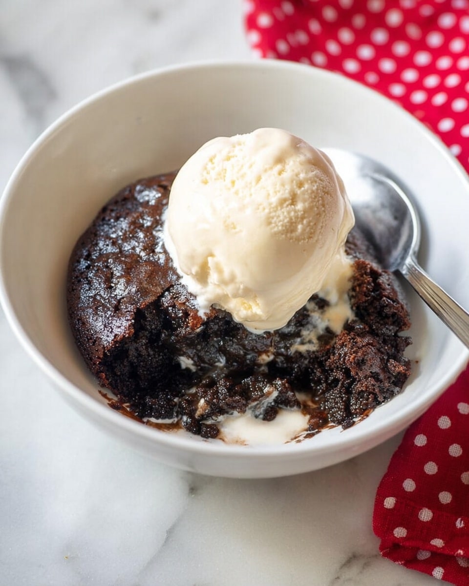 A white bowl holds a warm, dark brown chocolate lava cake with a moist, gooey texture. On top of the cake, there is a single scoop of creamy, light beige vanilla ice cream with a soft, slightly melting surface. A silver spoon rests inside the bowl against the side, ready to dig in. The bowl sits on a white marbled surface, and a red and white polka dot cloth is blurred in the background. photo taken with an iphone --ar 4:5 --v 7