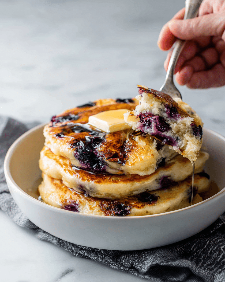 A white bowl holds three thick blueberry pancakes stacked with the top pancake showing dark purple blueberries baked inside and a melting square of butter on top. The pancakes have a golden brown color with darker spots where blueberries burst, and syrup is slowly pouring over the stack creating a shiny glaze. A woman's hand is holding a spoon that scoops a bite from the bottom pancake, with the soft inside and blueberries visible. The bowl rests on a grey cloth background placed over a white marbled surface. photo taken with an iphone --ar 4:5 --v 7