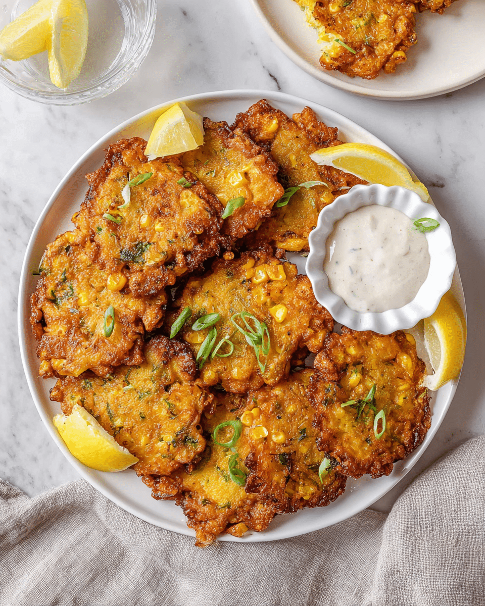 A white round plate filled with two layers of golden-brown, crispy fritters with visible bits of corn and green herbs, arranged in a slightly overlapping manner. The fritters have a rough texture with small green onion pieces sprinkled on top, adding a touch of fresh green color. Lemon wedges are placed around the edges of the plate, adding bright yellow accents. On the top right side of the plate, there is a small white scalloped bowl filled with a creamy white dipping sauce. In the background, a white plate holds two more fritters, one partially eaten. The setting is on a white marbled surface with a light gray cloth partially visible at the bottom right corner. photo taken with an iphone --ar 4:5 --v 7