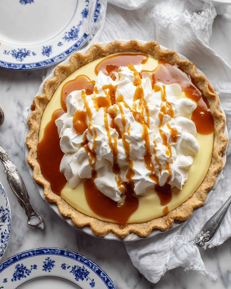 A pie with three visible layers is shown: the bottom layer is a light tan, flaky crust with a crimped edge evenly shaped around the pie, the middle layer is a smooth, pale yellow custard filling, and the top layer is a fluffy mound of white whipped cream dollops piled in the center. Drizzled generously on the whipped cream is a glossy, rich caramel sauce in a deep amber color that contrasts with the cream. The pie is on a white marbled texture surface with parts of a metallic pie server, a white cloth, and white plates with blue floral patterns surrounding it. photo taken with an iphone --ar 4:5 --v 7