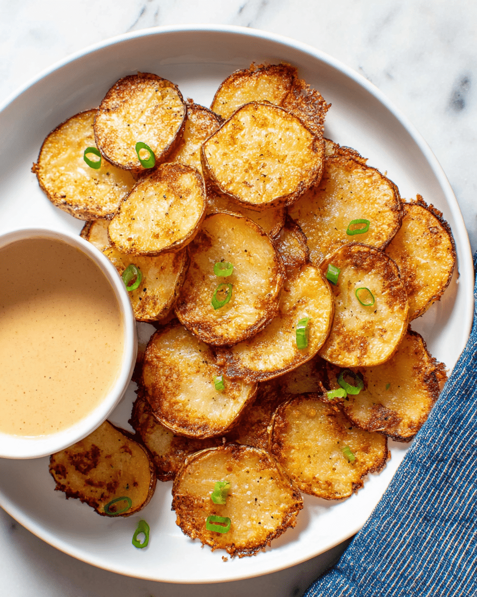 A white plate filled with a stack of thin, crispy potato chips, golden brown with some darker toasted edges, showing a crunchy texture. The chips are scattered with small pieces of fresh green herbs. On the left side of the image, a white cup containing a creamy orange-colored dipping sauce is partially visible. The whole scene is set on a white marbled surface with part of a blue and white striped cloth visible in the bottom right corner. photo taken with an iphone --ar 4:5 --v 7