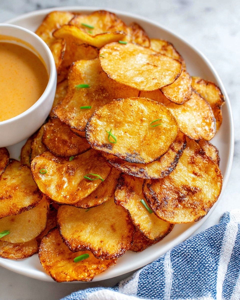 A white plate holds about twelve golden brown potato slices, each with crispy edges and a soft center, arranged in one visible uneven layer overlapping slightly. Small pieces of green onion are sprinkled across the potatoes, adding a fresh green color contrast. On the left side of the plate, a white bowl with creamy light brown dipping sauce is partially visible, positioned close to the potatoes. The whole setup rests on a white marbled surface, with a blue and white striped cloth seen on the lower right edge. photo taken with an iphone --ar 4:5 --v 7