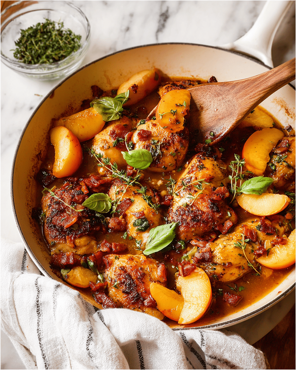 A white round pan filled with a rich, glossy brown sauce holding about eight pieces of golden-brown cooked chicken scattered evenly throughout. Among the chicken pieces are thick peach wedges with a soft yellow-orange color, their edges slightly caramelized. Small cubes of crispy reddish-brown pancetta are sprinkled all over, adding texture and color contrast. Fresh green basil leaves and sprigs of thyme are generously placed on top, providing a fresh, vibrant touch. A wooden spoon rests on the side of the pan, all set on a white marbled surface with some striped cloth partially visible underneath. photo taken with an iphone --ar 4:5 --v 7