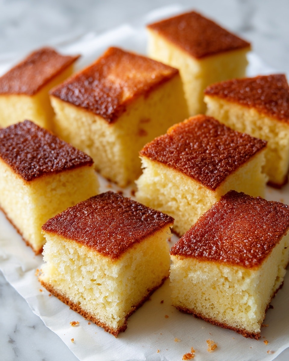The image shows nine pieces of golden brown sponge cake cut into square and triangular shapes placed on white baking paper on a white marbled surface. Each piece has a darker, textured top crust with a soft, light yellow inside. The edges are slightly darker from baking, showing a gentle gradient from light to deeper golden tones. The cakes are arranged close together with some pieces leaning against each other, displaying the soft fluffy interior clearly. photo taken with an iphone --ar 4:5 --v 7