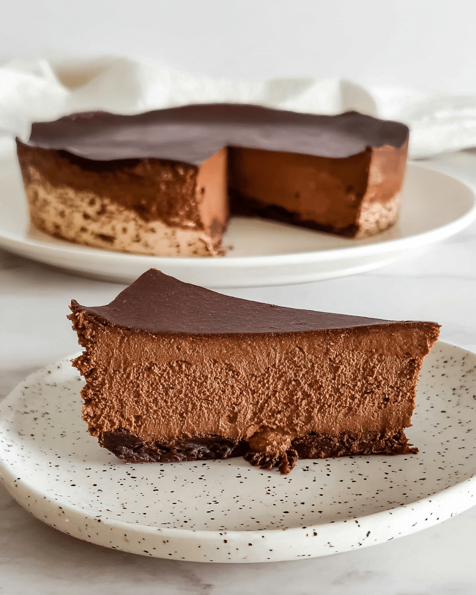 A close-up of a smooth, dense slice of chocolate mousse cake with a rich dark brown color, sitting on a white speckled plate in the foreground, showing its thick creamy texture with a clean cut edge. In the background, the rest of the cake is on a white plate, with one slice missing and another partially removed, revealing the even, thick chocolate mousse layer on top of a mottled light beige and brown marbled crust. The scene is set on a white marbled surface with soft lighting highlighting the cake’s texture. Photo taken with an iphone --ar 4:5 --v 7
