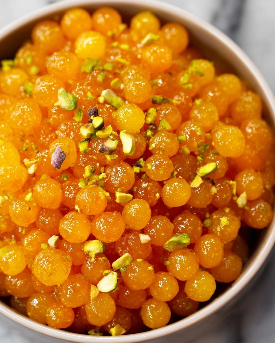 The image shows a close-up of a dessert made of many small, round, shiny orange and yellow balls tightly packed together in a bowl. The balls look soft and moist with a slight glow, and some are covered with tiny pieces of green sliced pistachios scattered unevenly over the top, adding texture and color contrast. The bowl holding the dessert is white, and the surface visible behind it has a smooth white marbled texture. The photo taken with an iphone --ar 4:5 --v 7