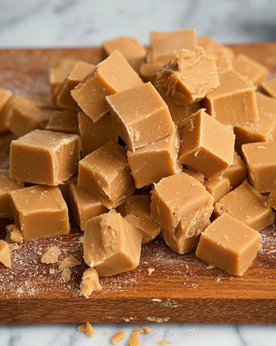 A close-up image of many small, smooth, light brown fudge cubes spread on a wooden board with some crumbs around them. In the middle, a woman's hand is holding one cube between thumb and finger, showing its slightly crumbly texture inside. The fudge pieces are mostly uniform in size and have clean cut edges, with a matte finish. photo taken with an iphone --ar 4:5 --v 7