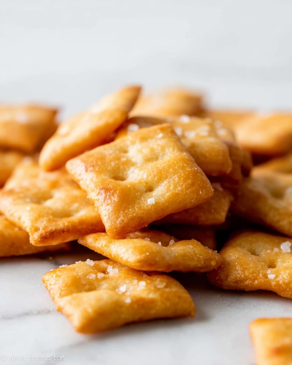A close-up view of a small pile of golden brown, square-shaped crackers with a slightly puffy texture, scattered on a white marbled surface. The crackers show a slight shine and crispness, with some grains of coarse salt visible on top and around them. The focus is shallow, making the crackers in the front sharp and clear while the background crackers blur softly. photo taken with an iphone --ar 4:5 --v 7