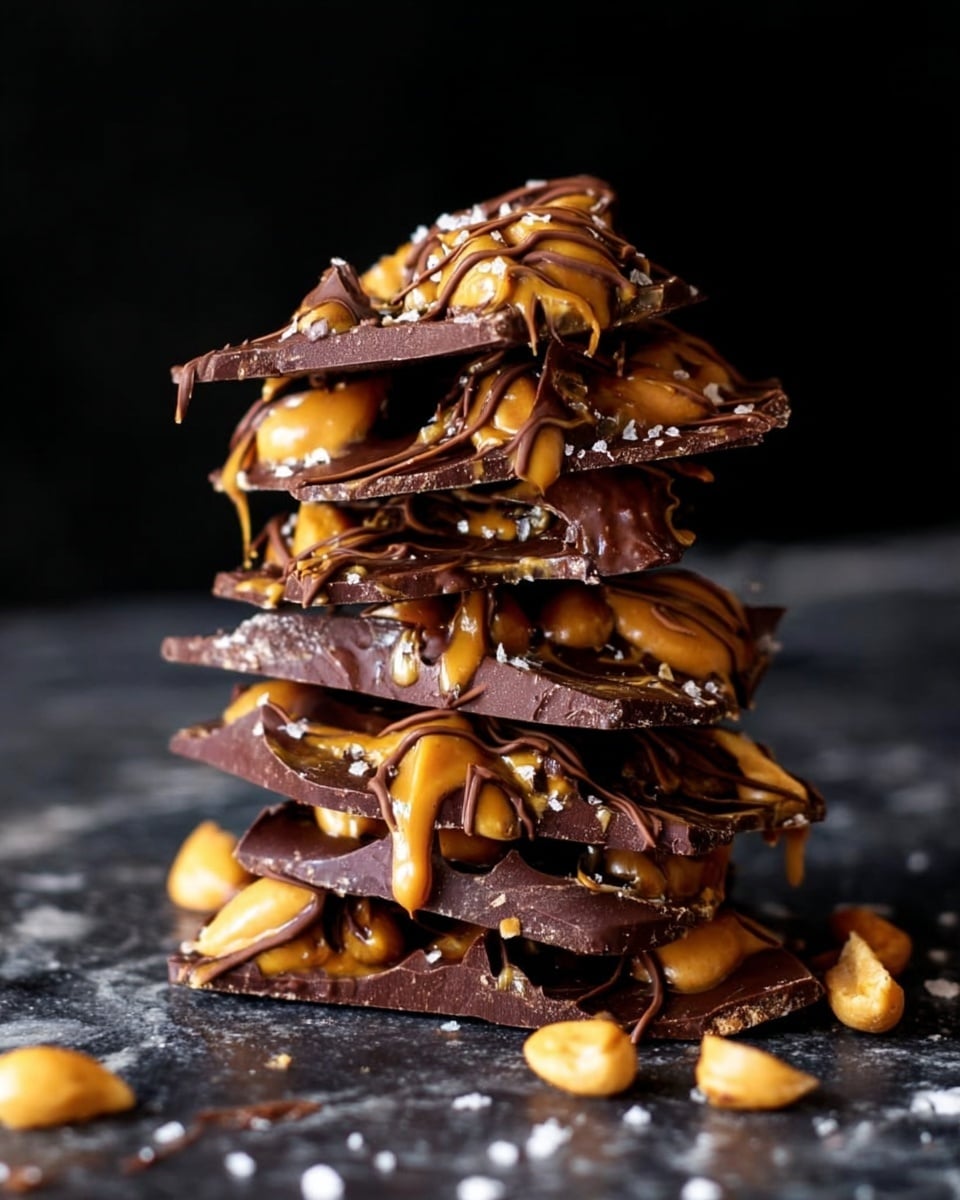 A stack of thin, irregular chocolate bark pieces is piled high against a dark background with a white marbled surface. Each piece shows a rough, shiny dark chocolate base richly drizzled with swirls of milk chocolate and dotted with peanut butter blobs and golden roasted peanuts, creating a layered texture. The top layer is adorned with more roasted peanuts and glossy peanut butter drips, while the chocolate drizzle cascades down the sides, mixing smooth and crunchy textures. Small salt flakes and scattered peanuts lie around the base, adding a rustic touch. Photo taken with an iphone --ar 4:5 --v 7