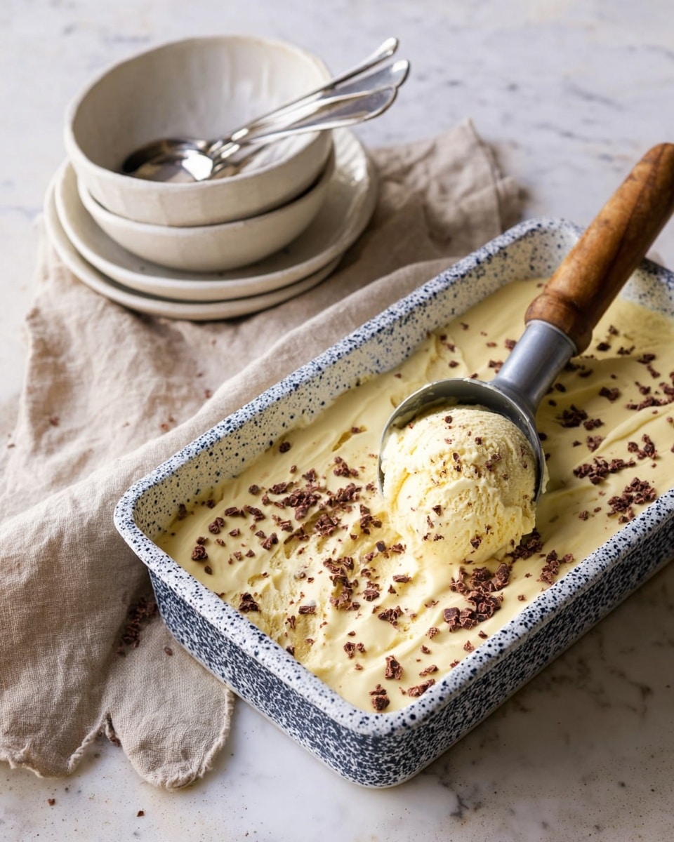 A rectangular speckled white and navy blue container holds a creamy pale yellow ice cream base sprinkled with small dark brown crunchy bits evenly across the surface. A metal ice cream scoop with a wooden handle is scooping a rounded ball of the same ice cream from the right side of the container, showing the smooth soft texture beneath. In the background, there are two stacked white bowls with two silver spoons resting inside the top bowl, set on a white marbled surface with a beige cloth casually draped behind. photo taken with an iphone --ar 4:5 --v 7