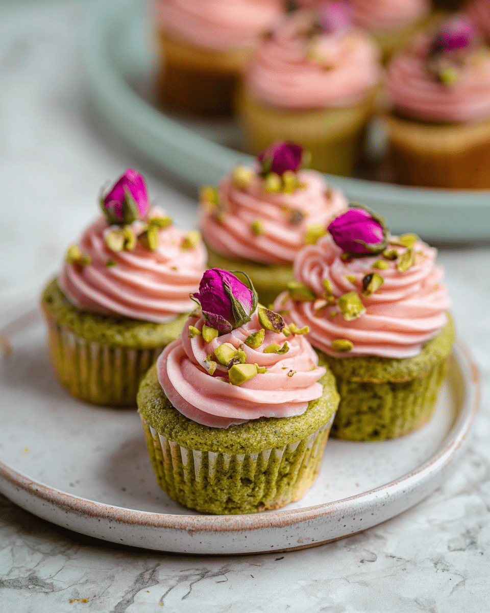 The image shows four small green cupcakes placed closely together on a white plate with a slightly rustic edge. Each cupcake has a single layer of vibrant green sponge as the base, topped with a smooth, swirled layer of soft pink frosting. The pink frosting is decorated with crushed pistachio pieces scattered on top and a small dried pink rosebud placed in the center of each swirl. The background surface is a white marbled texture, and there is a blurred set of similar cupcakes in the background. Photo taken with an iphone --ar 4:5 --v 7