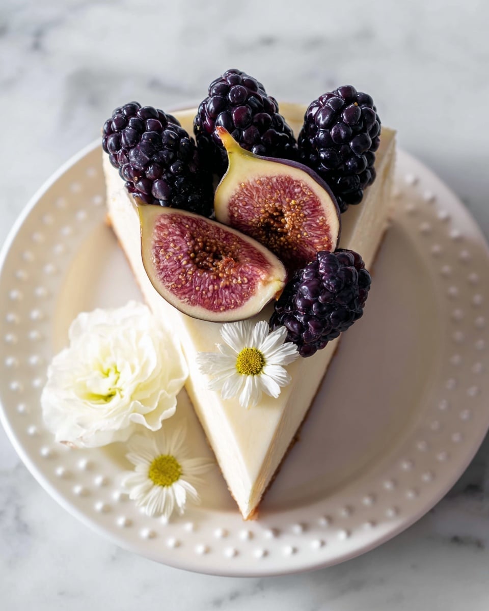 A slice of creamy white cheesecake is topped with four dark purple blackberries and two halves of a fig, one showing its light brown and pink inside with small seeds, all arranged on the upper half of the slice. The cheesecake sits on a white plate with tiny raised dots around the rim, placed on a white marbled surface. Three small white edible flowers with yellow centers decorate the slice, one large flower near the bottom center and two smaller ones near the blackberries and fig. The surface of the cheesecake is smooth and slightly glossy, giving a fresh and rich look. photo taken with an iphone --ar 4:5 --v 7