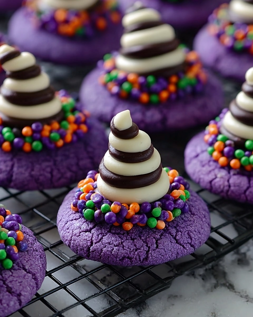 The image shows multiple round sugar cookies with a cracked texture dyed in bright purple color, each with three layers. The bottom layer is the cookie itself, topped by a ring of small spherical sprinkles in purple, orange, and green colors arranged around the center. The top layer features a twisted candy shaped like a witch's hat, with smooth white and dark brown stripes spiraling upward. The cookies are placed on a black wire cooling rack over a white marbled surface. Photo taken with an iphone --ar 4:5 --v 7