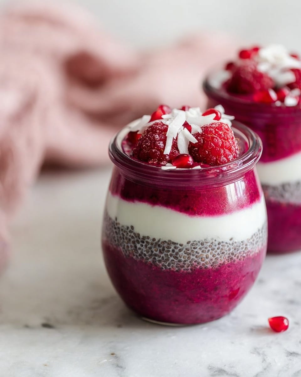 The image shows two small clear glass jars placed side by side on a white marbled surface. Each jar contains three main layers: a creamy white base layer, a textured dark red or purple middle layer with chia seeds, and a thick bright red or magenta top layer. The top surface is decorated with fresh red raspberries, small pomegranate seeds, and a few white coconut flakes. The jars have a smooth rounded shape with an open top, and there is a soft pink cloth softly blurred in the background. photo taken with an iphone --ar 4:5 --v 7
