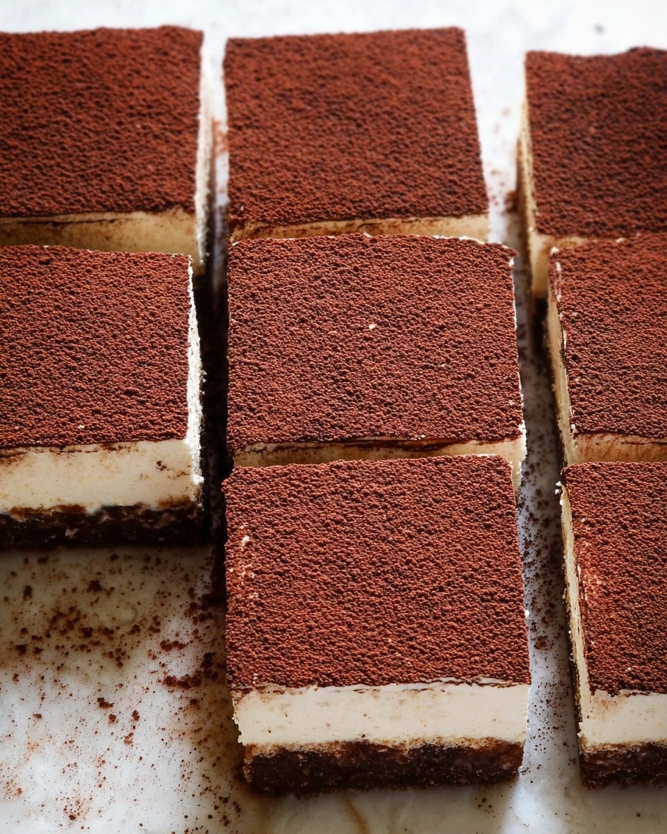 A close-up view of six square slices of tiramisu arranged tightly on a white marbled surface, each piece showing clearly three layers: a dark brown coffee-soaked sponge cake base, a thick white creamy mascarpone layer in the middle, and a fine, dark cocoa powder dusting covering the smooth top. The edges of the slices reveal the clean separation of these layers, with the cocoa powder slightly scattered around the slices on the surface. The texture of the cocoa powder is dry and velvety, while the creamy layer looks smooth and soft, contrasting with the denser cake below. Photo taken with an iphone --ar 4:5 --v 7