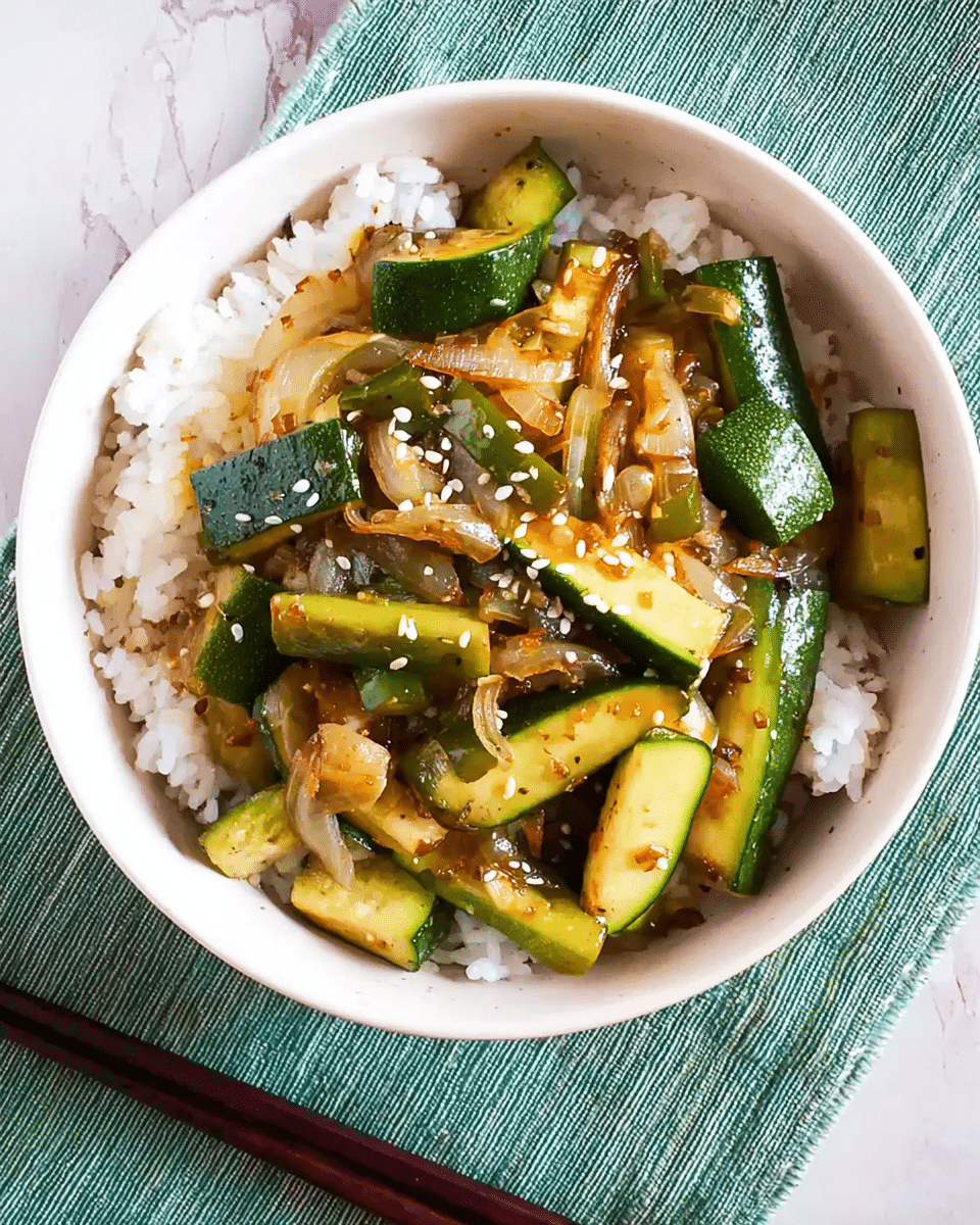 The image shows a white round bowl on a white marbled surface, filled with a dish consisting of three layers: the bottom layer is plain white rice, topped with a mix of cooked vegetables including green zucchini pieces cut into thick sticks and light brown onions cut into chunks, all stir-fried and slightly glossy, sprinkled with small white sesame seeds. There are dark chopsticks on the left side of the bowl resting on a greenish-blue textured cloth. The photo taken with an iphone --ar 4:5 --v 7
