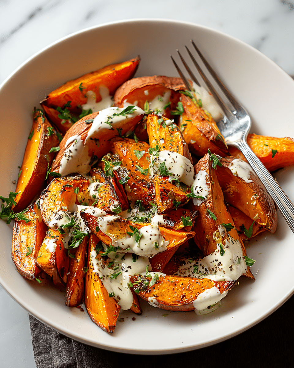 A white bowl filled with golden-brown roasted sweet potato wedges, each piece slightly charred and crisp on the edges. The sweet potatoes are drizzled with a creamy white sauce and sprinkled with finely chopped green herbs, along with small flecks of black pepper scattered over the top. A silver fork rests inside the bowl to the right side. The bowl sits on a white marbled surface with soft natural lighting highlighting the vibrant colors and textures. photo taken with an iphone --ar 4:5 --v 7