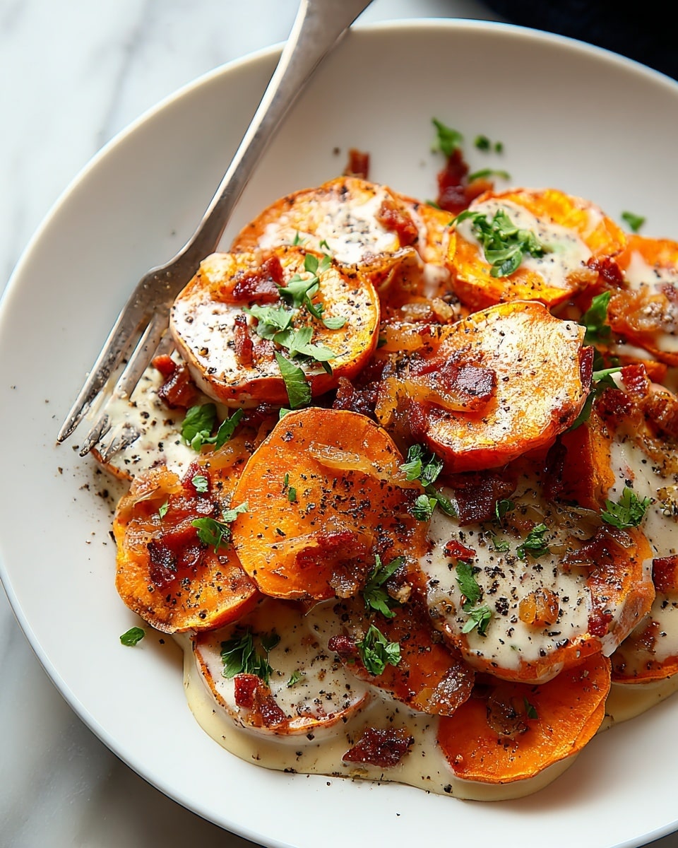 The image shows a white plate filled with roasted sweet potato slices, each piece golden-orange with a slight char on the edges. They are layered unevenly, some pieces overlapping others, covered with a creamy white sauce that pools softly around the bottom layer. Little bits of crispy bacon or caramelized onions add texture on top, along with a sprinkle of fresh green herbs that bring a burst of color. Black pepper is scattered over the entire dish, giving a speckled effect. A silver fork rests on the plate’s edge, and the background is a white marbled surface. photo taken with an iphone --ar 4:5 --v 7