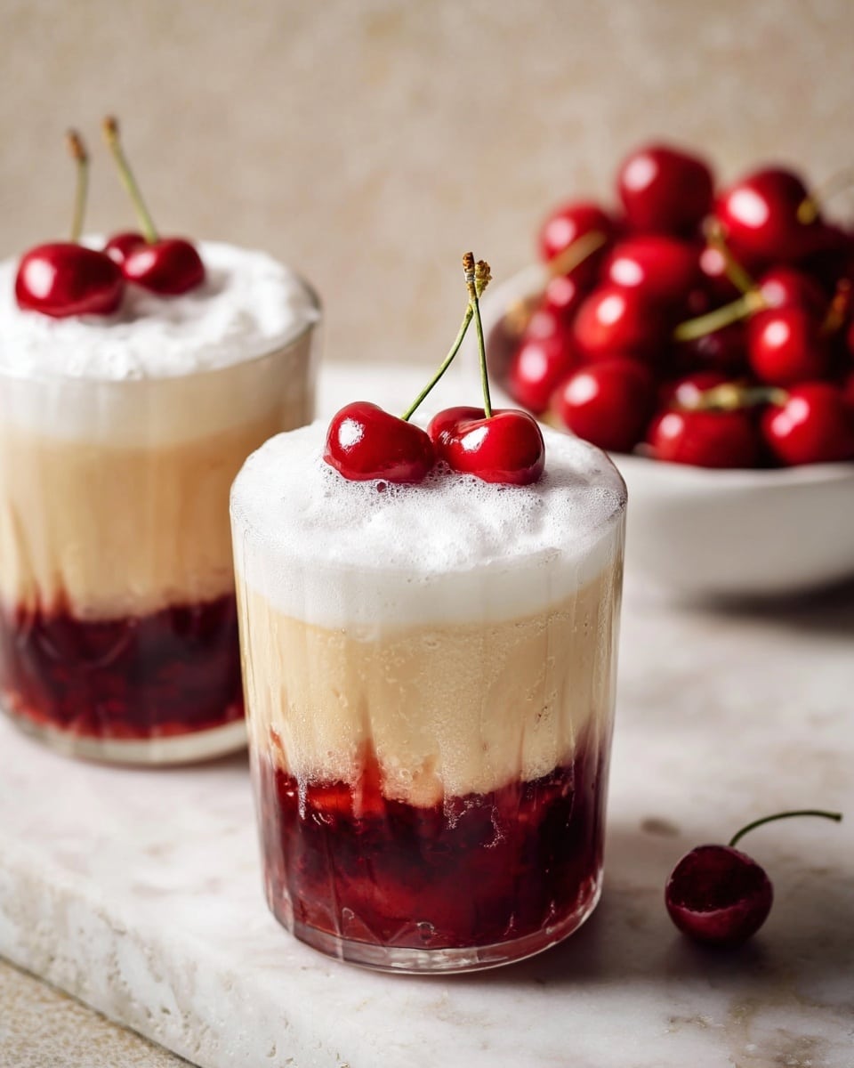 Two clear glasses filled with a three-layered drink sit on a white marbled surface. The bottom layer is a deep red cherry syrup, thick and glossy, with some visible cherry bits. The middle layer is a creamy light beige with a smooth texture, blending softly into the red below. The top layer is a thick, frothy white foam, overflowing slightly above the glass rim. Each glass is topped with a single shiny red cherry with a green stem, placed on the foam. In the background, a white bowl filled with bright red cherries sits out of focus. Photo taken with an iphone --ar 4:5 --v 7
