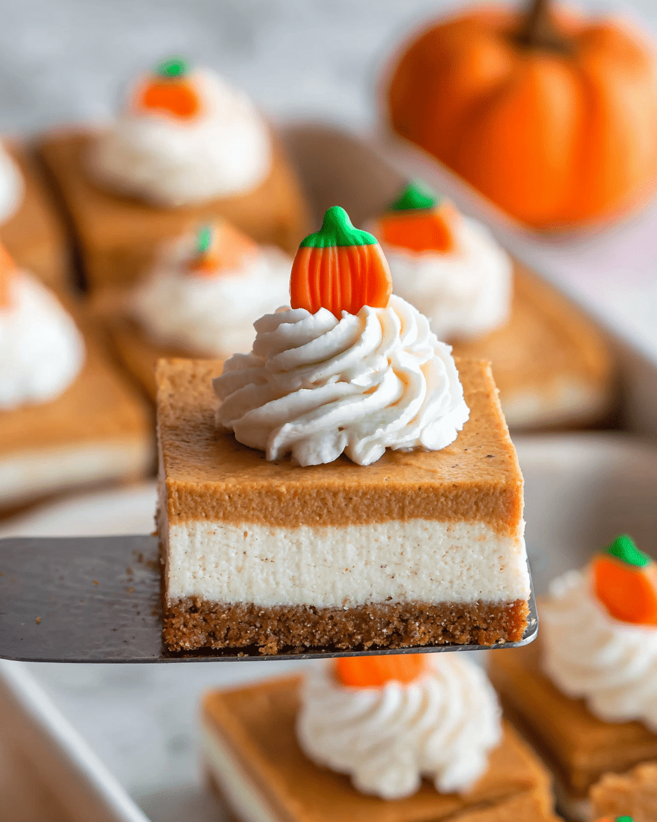 A close-up of a rectangular pumpkin cheesecake bar held by a woman's hand with a silver spatula, showing three distinct layers: a firm brown graham cracker crust at the bottom, a thick creamy white cheesecake layer in the middle, and a smooth light brown pumpkin layer on top. On top of the pumpkin layer is a swirl of white whipped cream with visible specks, crowned by a small bright orange and green candy shaped like a pumpkin. In the blurry background, more pumpkin cheesecake bars with the same topping are placed neatly in a white tray on a white marbled surface. photo taken with an iphone --ar 4:5 --v 7