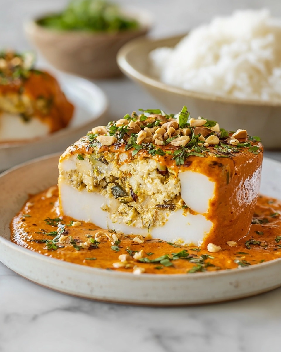 A close-up shows a white round plate holding a layered dish with three visible layers: a thick, smooth white base layer, a middle layer with a chunky yellowish filling mixed with bits of green, and a top layer of thick orange sauce with a creamy texture. The orange sauce spreads around the plate’s base and is garnished with small pieces of green herbs and chopped nuts. The dish is set on a white marbled surface with blurred bowls of white rice and green herbs in the background. photo taken with an iphone --ar 4:5 --v 7